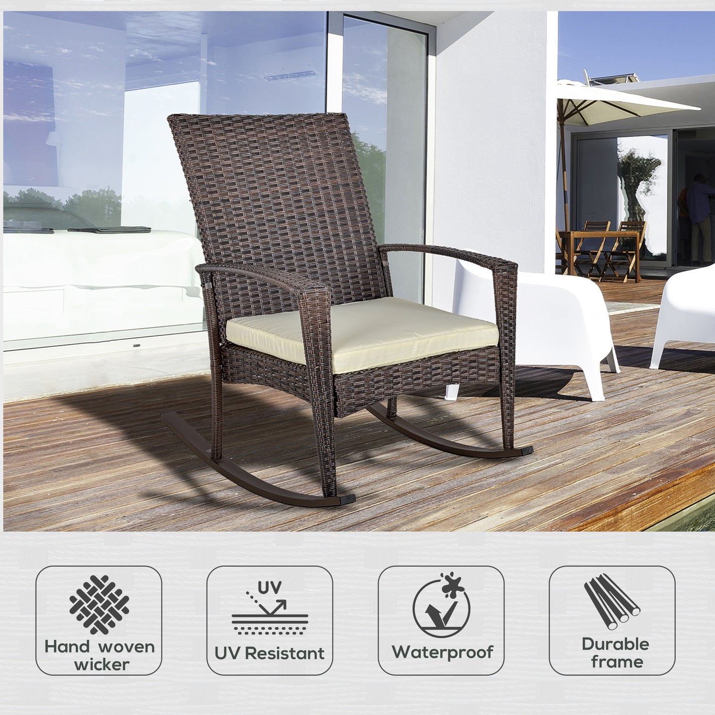 Comfort Breeze Rattan Rocking Chair with Plush Cushion - Brown & Beige