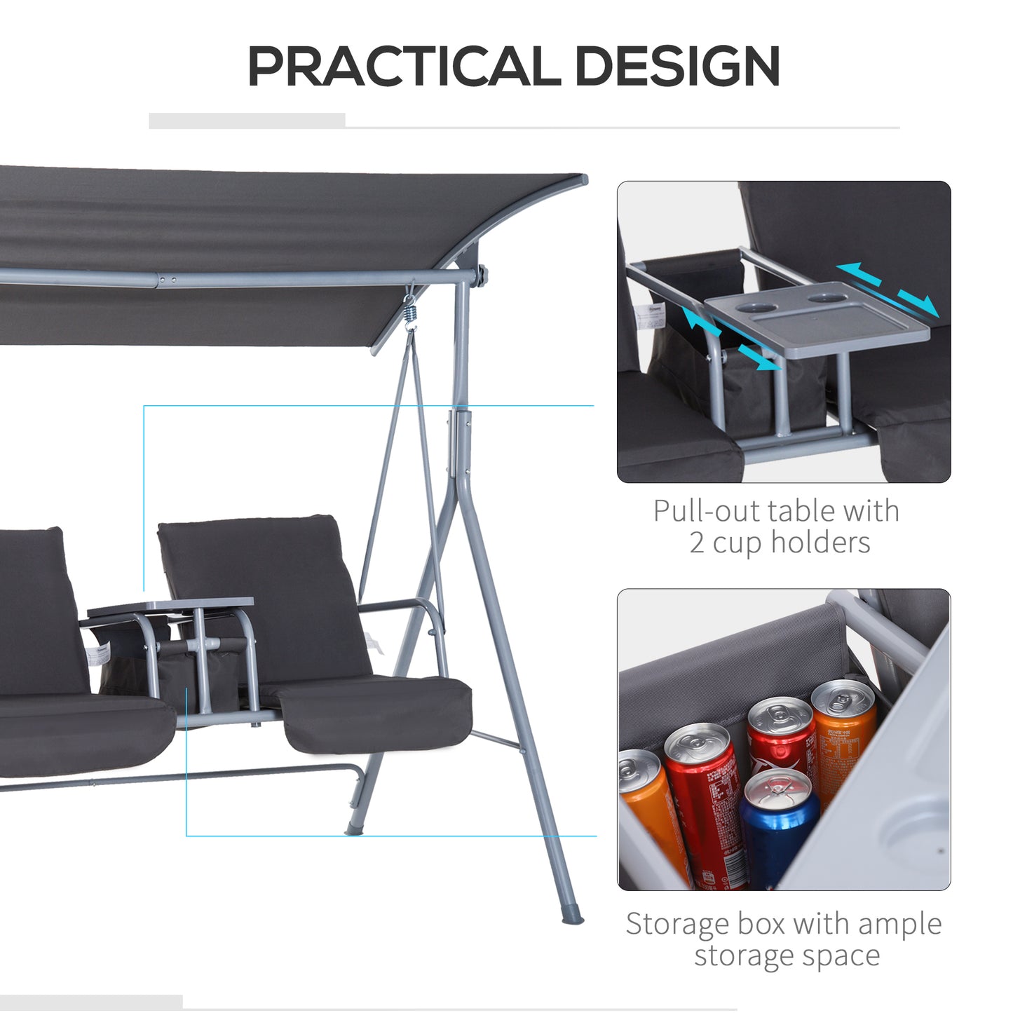 Grey Steel Frame 2-Seater Swing Chair with Canopy & Table for Ultimate Relaxation