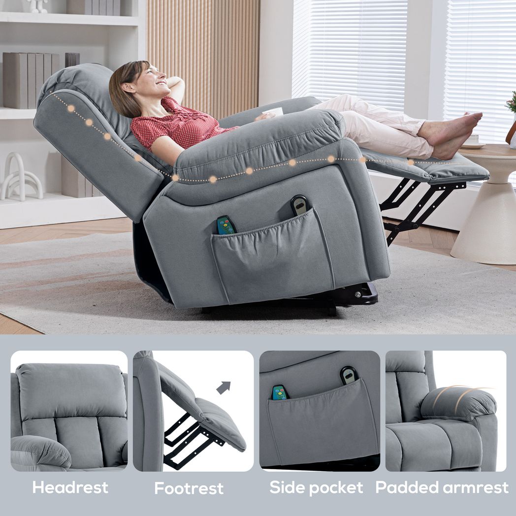 Grey Lift Chair Riser Recliner Featuring Vibration Massage and Heating Function