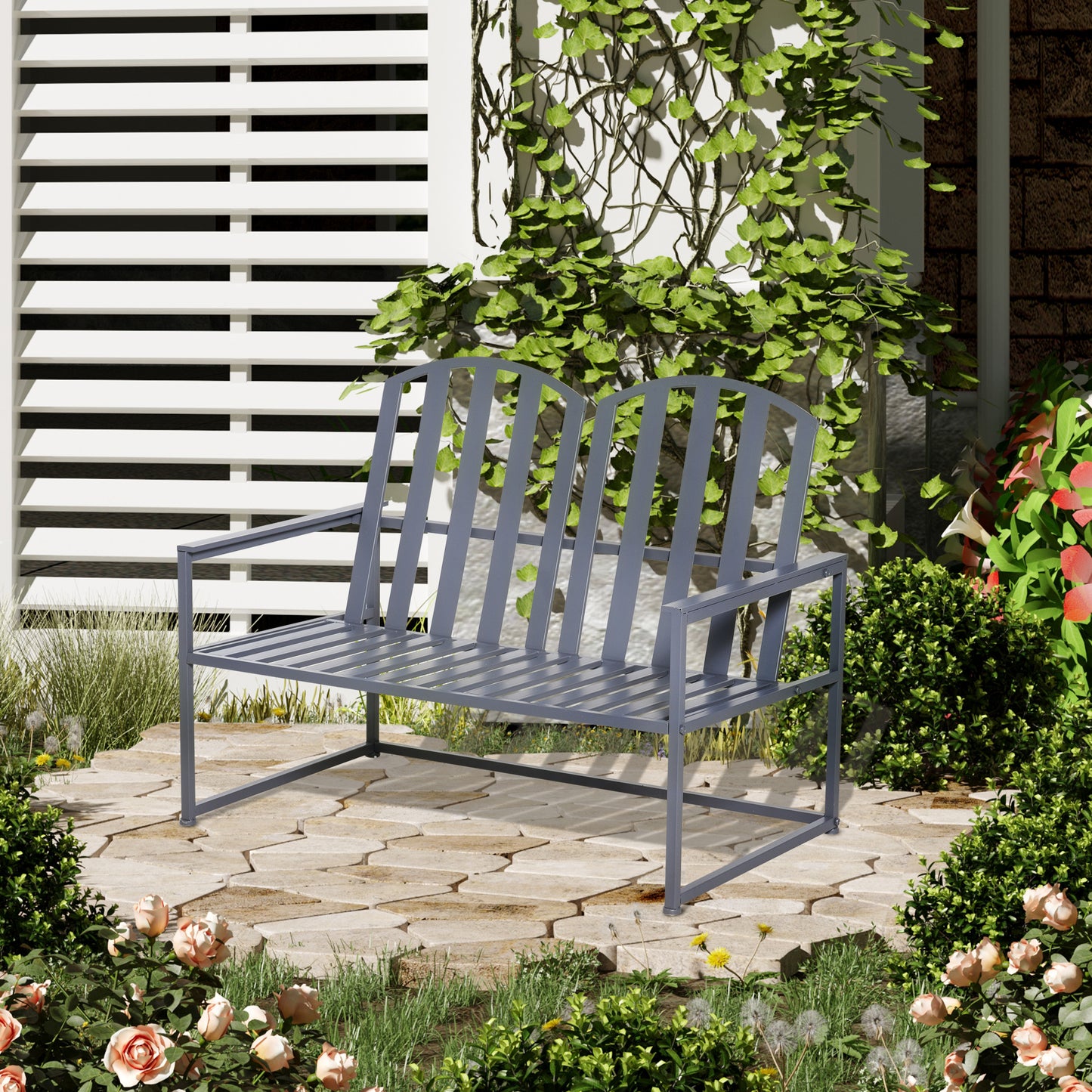 Stylish 2-Seater Steel Patio Bench - Modern Slat Design for Outdoor Comfort