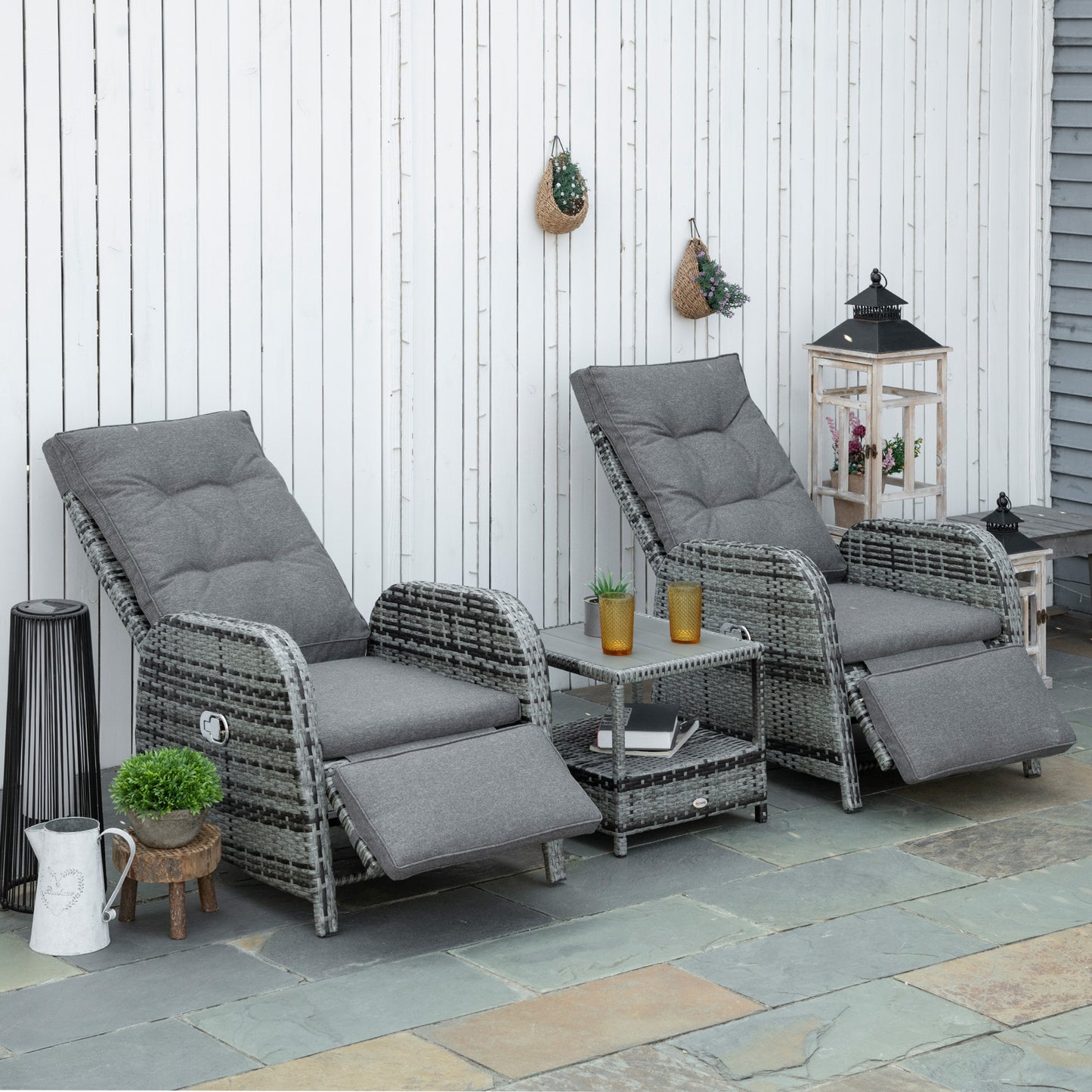 Ultimate 3-Piece Rattan Chaise Lounge Set with Cushions - Mixed Grey