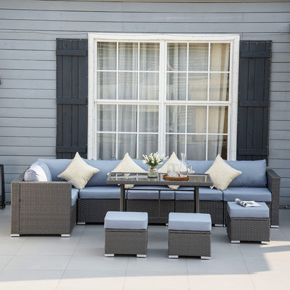 10-Piece Grey/Dusty Blue Rattan Sofa Set - Stylish Outdoor Comfort!