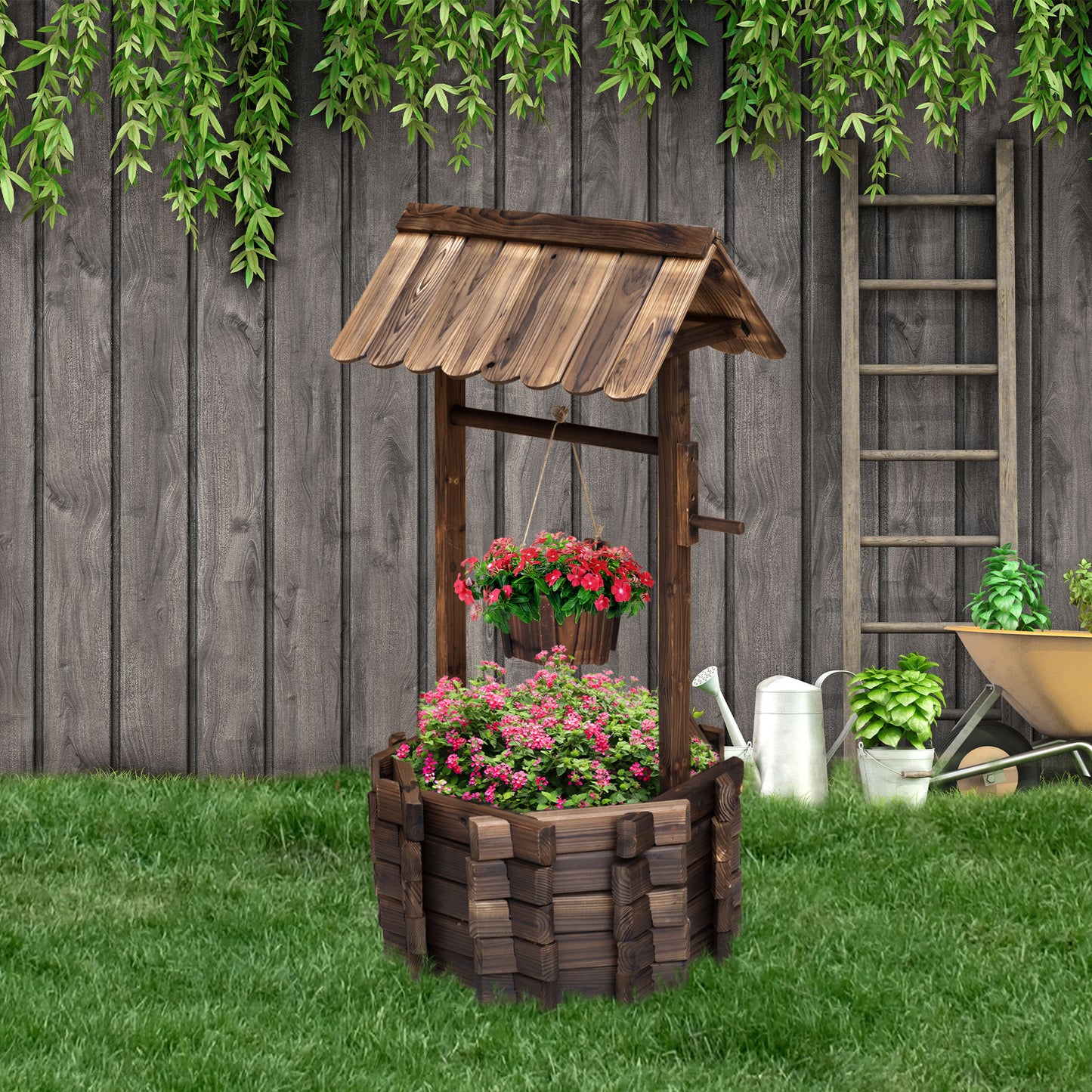 Enchanting Wishing Well Planter - Rustic Fir Wood Garden Decor, 60x55x114 cm