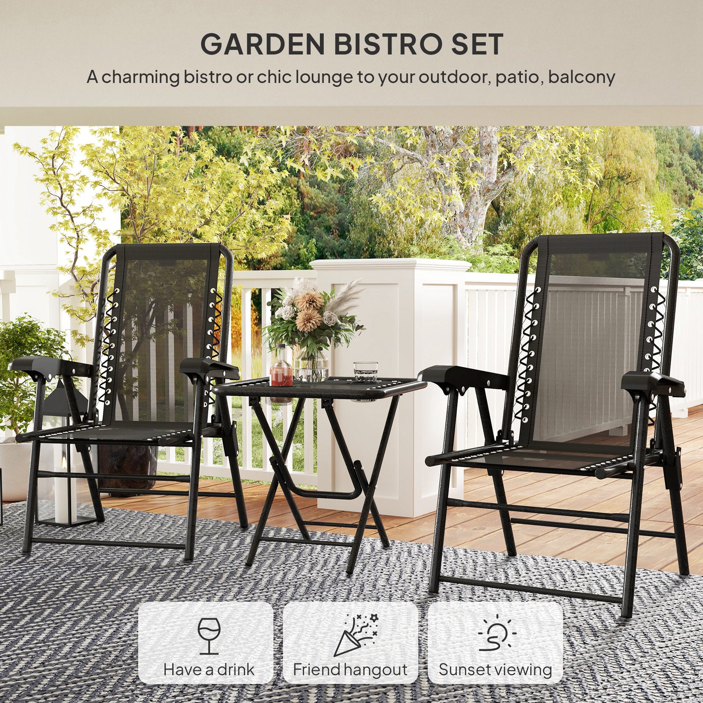 Folding Garden Bistro Set: Stylish 3-Piece Seating with Cup Holders