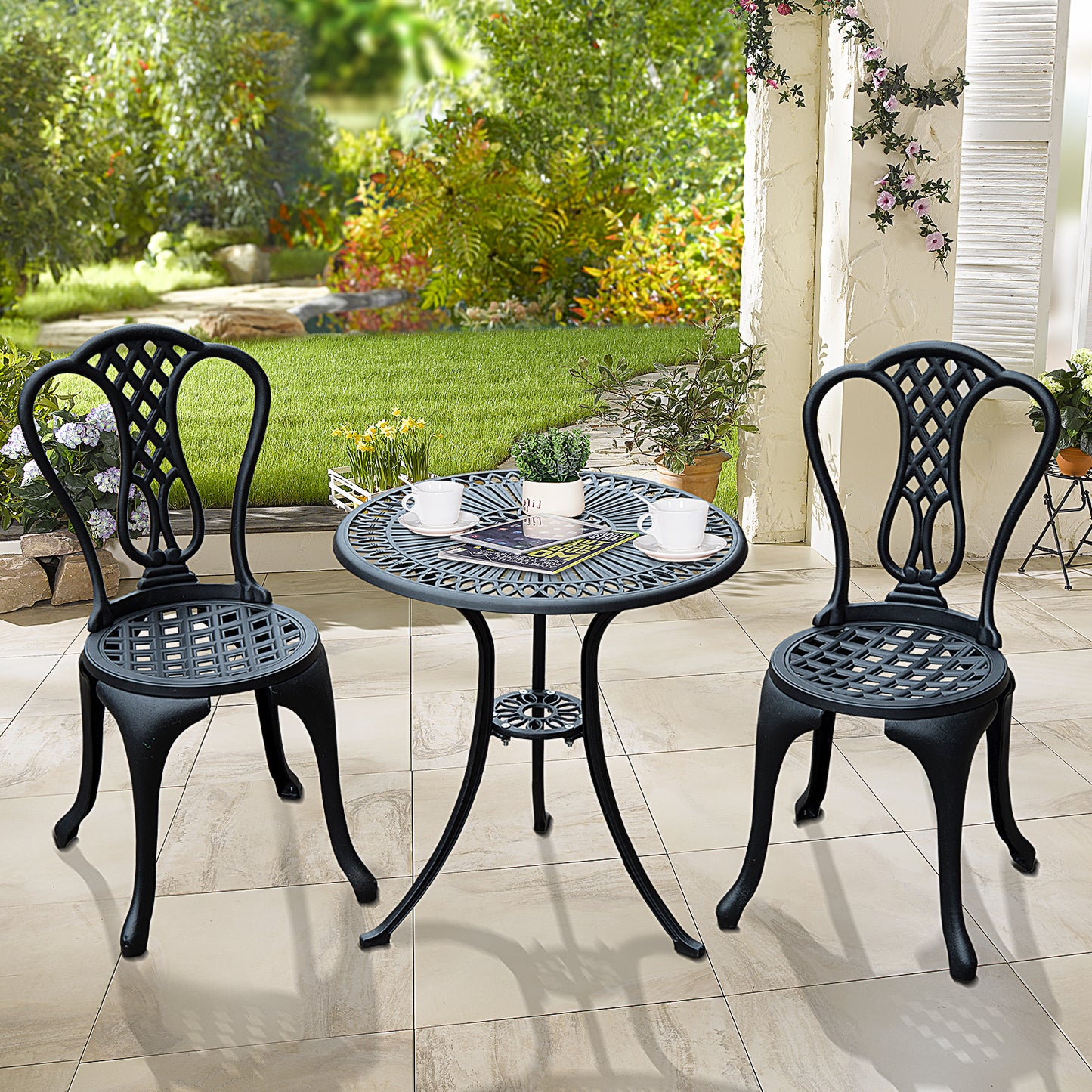 Elegant 3-Pc Cast Aluminium Bistro Set - Chic Outdoor Dining & Relaxation