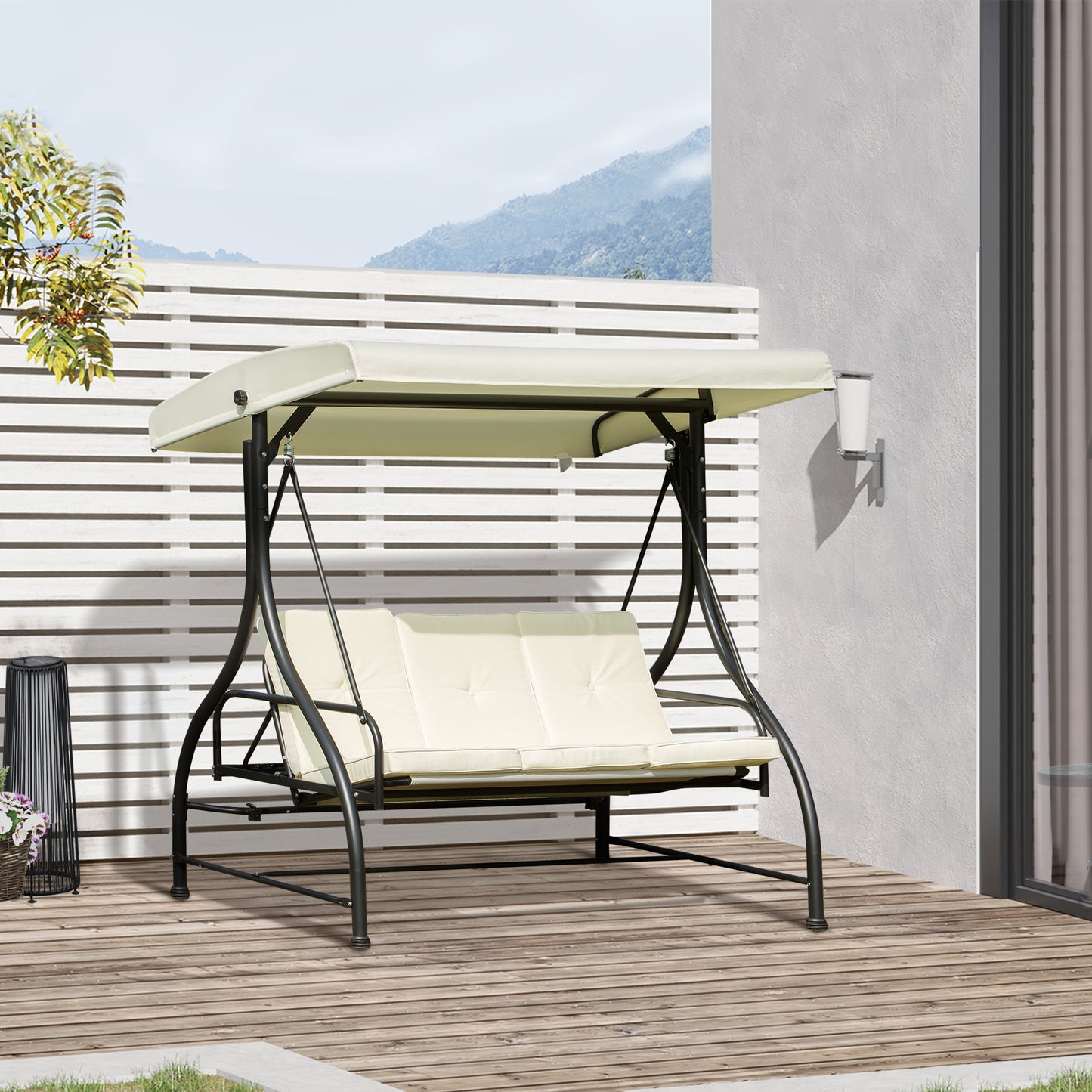 Elegant 3-Person Outdoor Swing Chair with Canopy - Beige & Black