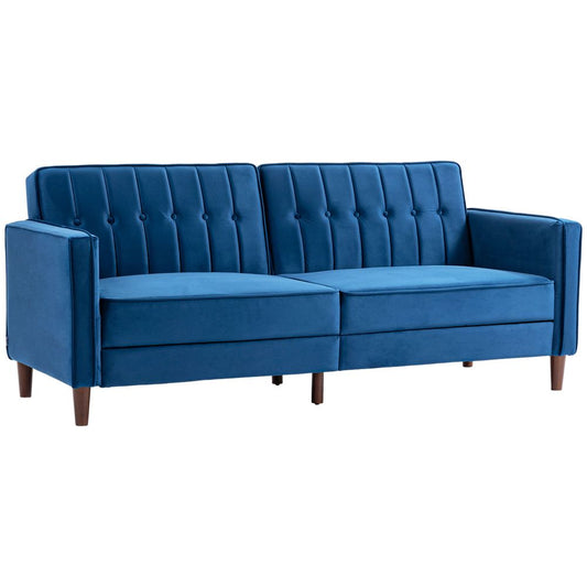 Blue Split Back Convertible Velvet-Touch Sofa Bed, Stylish Futon for Comfort