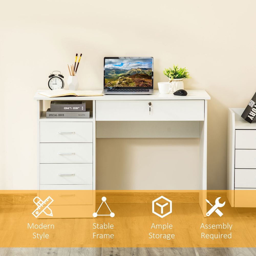 White Writing Desk with Five Drawers, Perfect for Organising Home Office Supplies