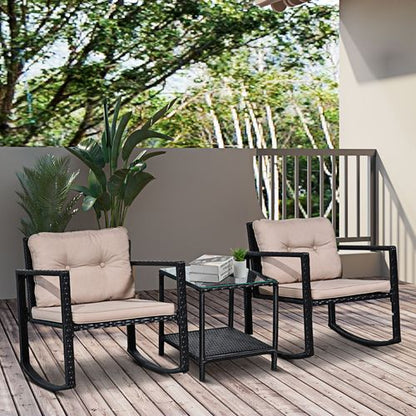 2 Seater Rattan Rocking Set W/Cushion-Black/Beige