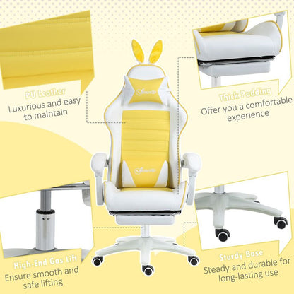 Yellow Racing Style Gaming Chair with Footrest and Removable Rabbit Ears Design