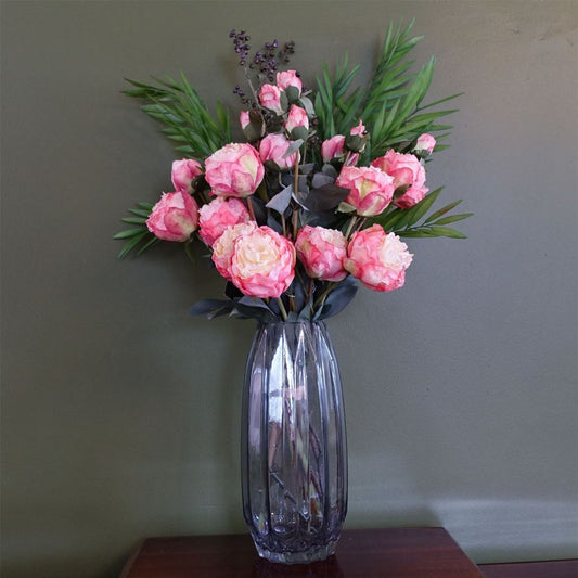 85cm Geometric Glass Vase with Pink Peony & Berry Artificial Flowers