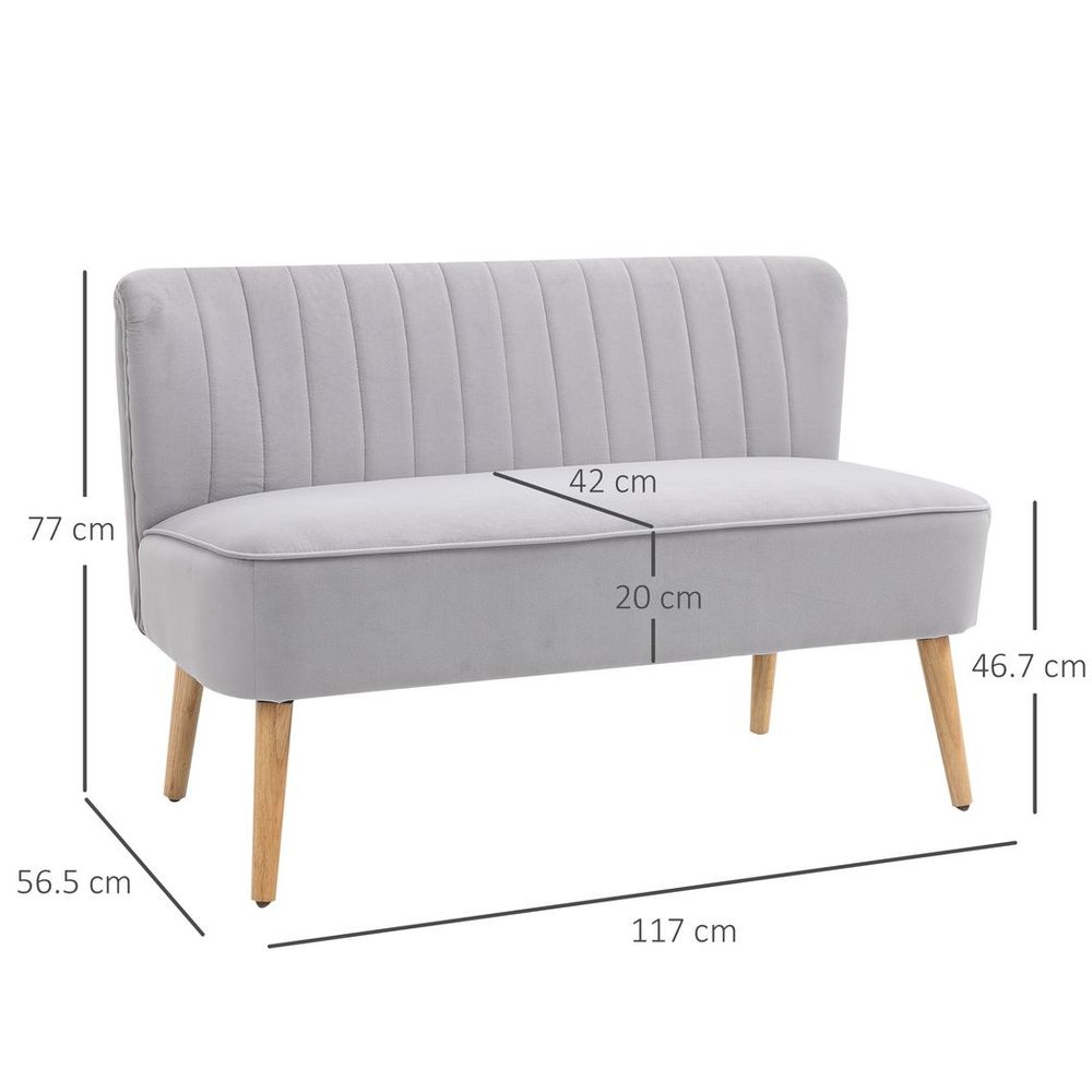 Modern Double Seat Sofa - Compact Loveseat Couch with Padded Velvet and Wood Legs, Grey