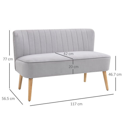 Modern Double Seat Sofa - Compact Loveseat Couch with Padded Velvet and Wood Legs, Grey