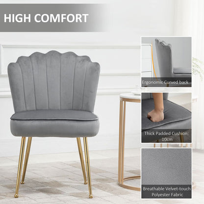 Grey Velvet-Feel Shell Luxe Accent Chair with Metal Legs for Home Lounge Comfort