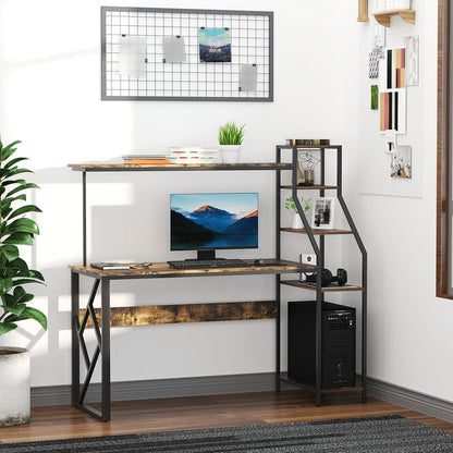 Rustic Industrial 6-Tier Storage Computer Desk, Perfect for Home Workstations