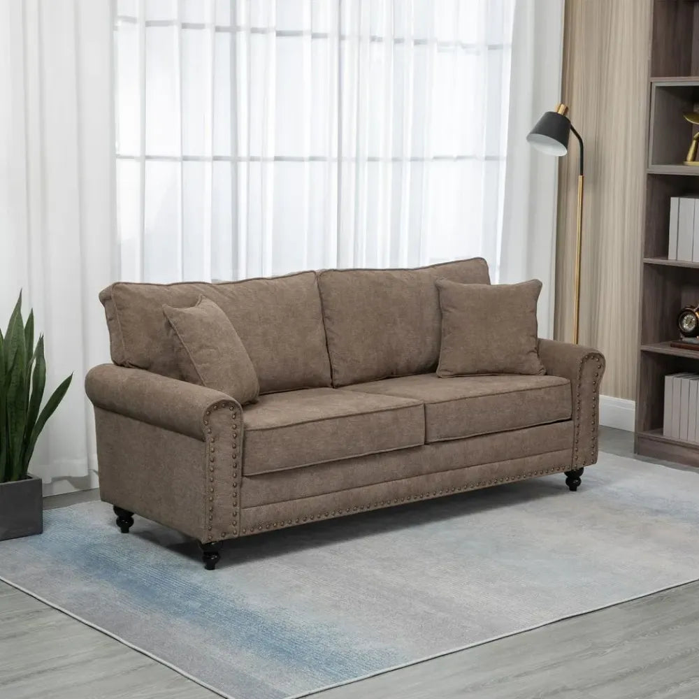 2-Seater Fabric Sofa - Brown with Nailhead Trim, Cushions, and Throw Pillows