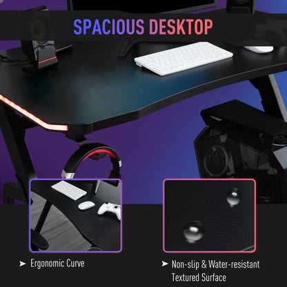 Black Racing Gaming Desk Workstation with RGB LED Lights and Hook for Accessories