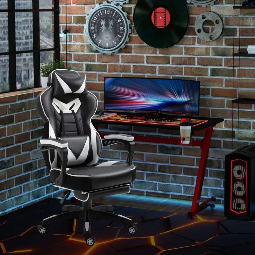 Ergonomic White Gaming Chair with Manual Footrest and Wheels for Stylish Offices