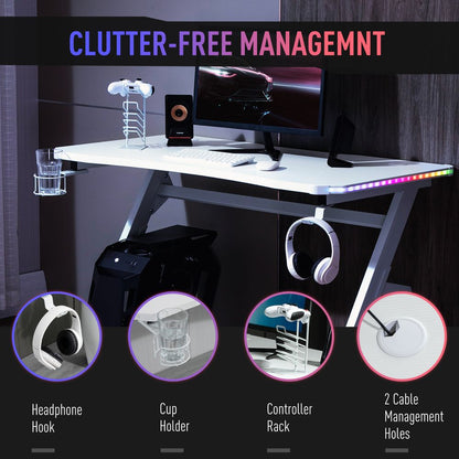White Racing Style Gaming Desk with RGB LED Lights and Hook for Convenience