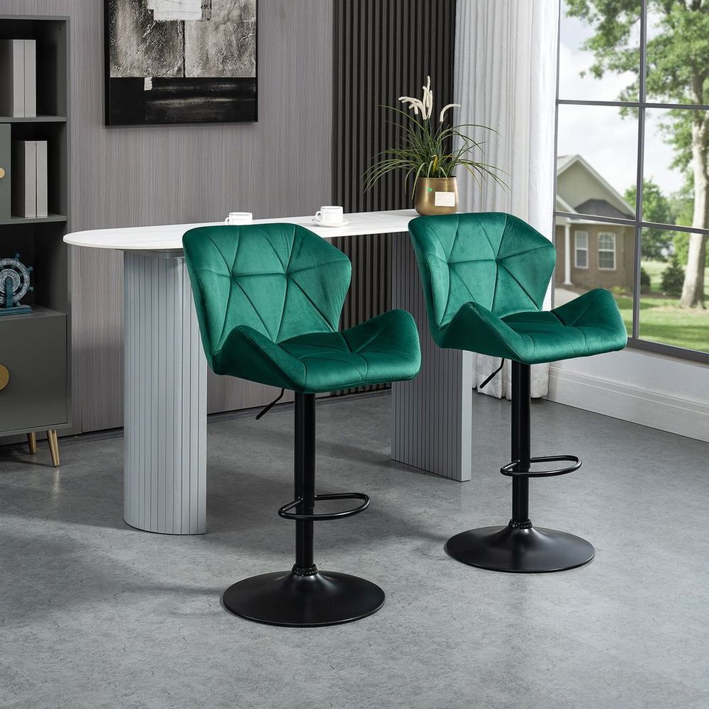 Set of 2 Luxurious Velvet-Touch Bar Stools - Metal Frame, Footrest Base, Green