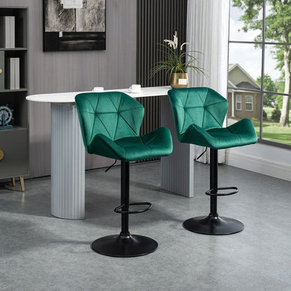 Set of 2 Luxurious Velvet-Touch Bar Stools - Metal Frame, Footrest Base, Green