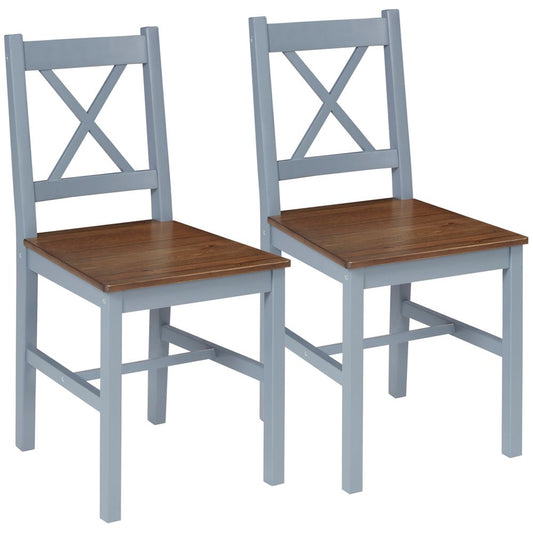 Set of 2 Dining Chairs with Pine Wood Frame and Cross Back for Kitchen, Grey