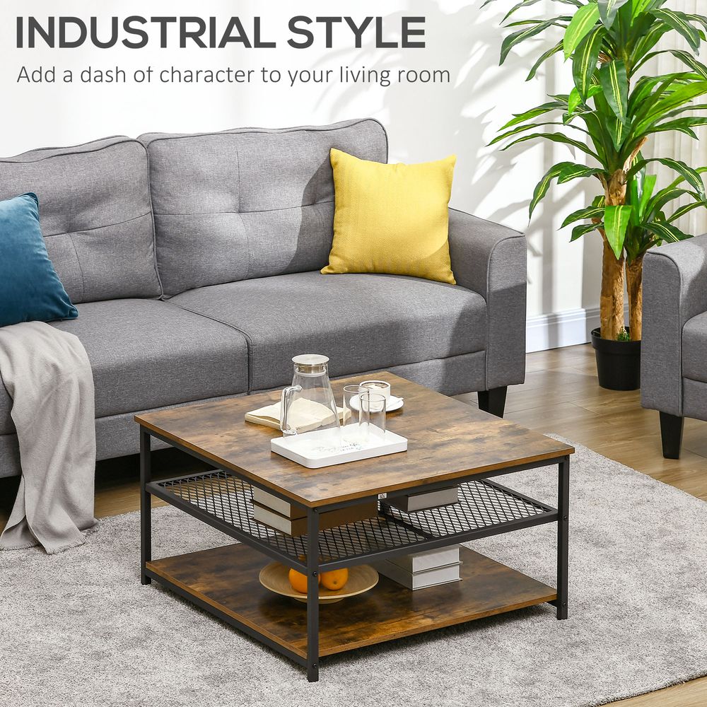 Rustic Brown Industrial Coffee Table with Storage Shelves and Cocktail Design