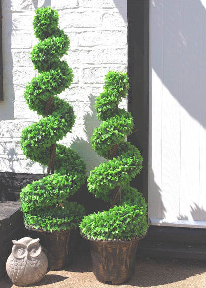 120cm Pair of Green Large Leaf Spiral Topiary Trees with Decorative Planters for Outdoor Charm