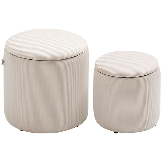 Set of 2 Modern Fabric Storage Ottomans with Removable Lid and Cream White Finish