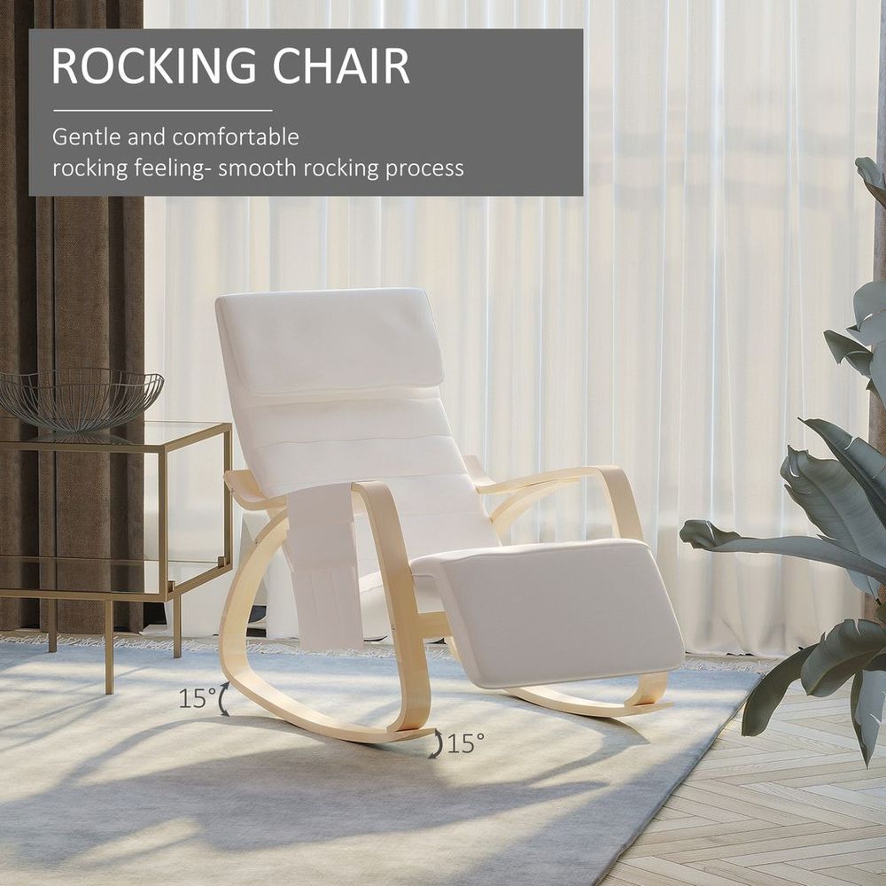 Rocking Recliner Chair with Adjustable Footrest, Cream White Armchair