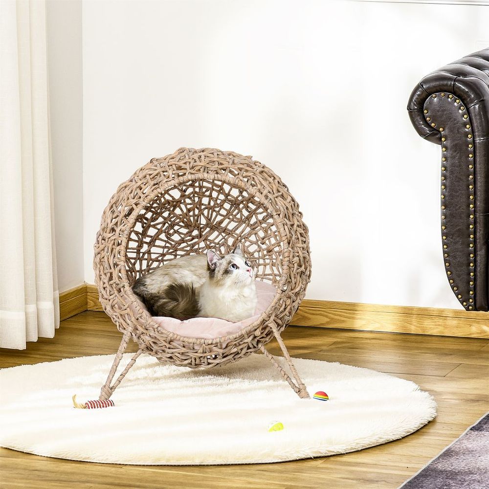 Ball-Shaped Rattan Cat House with Natural Wood Finish for Stylish Pet Comfort