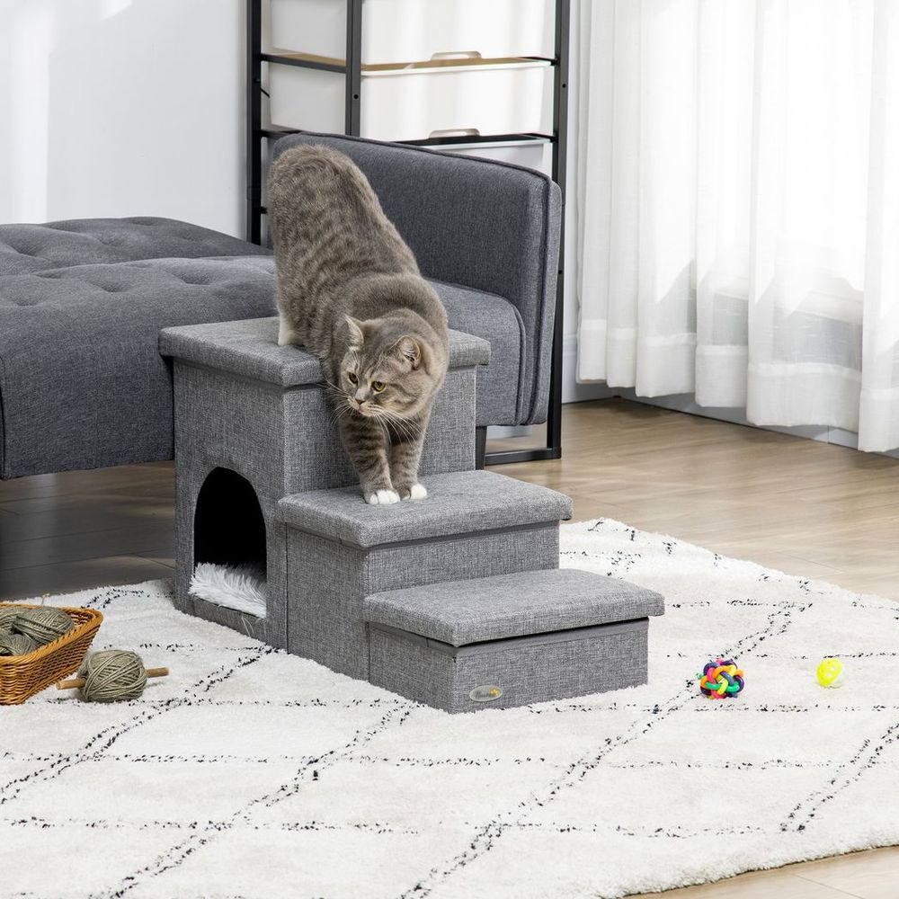 3-Step Grey Dog Steps for Bed with Cat House Storage Boxes for Sofa