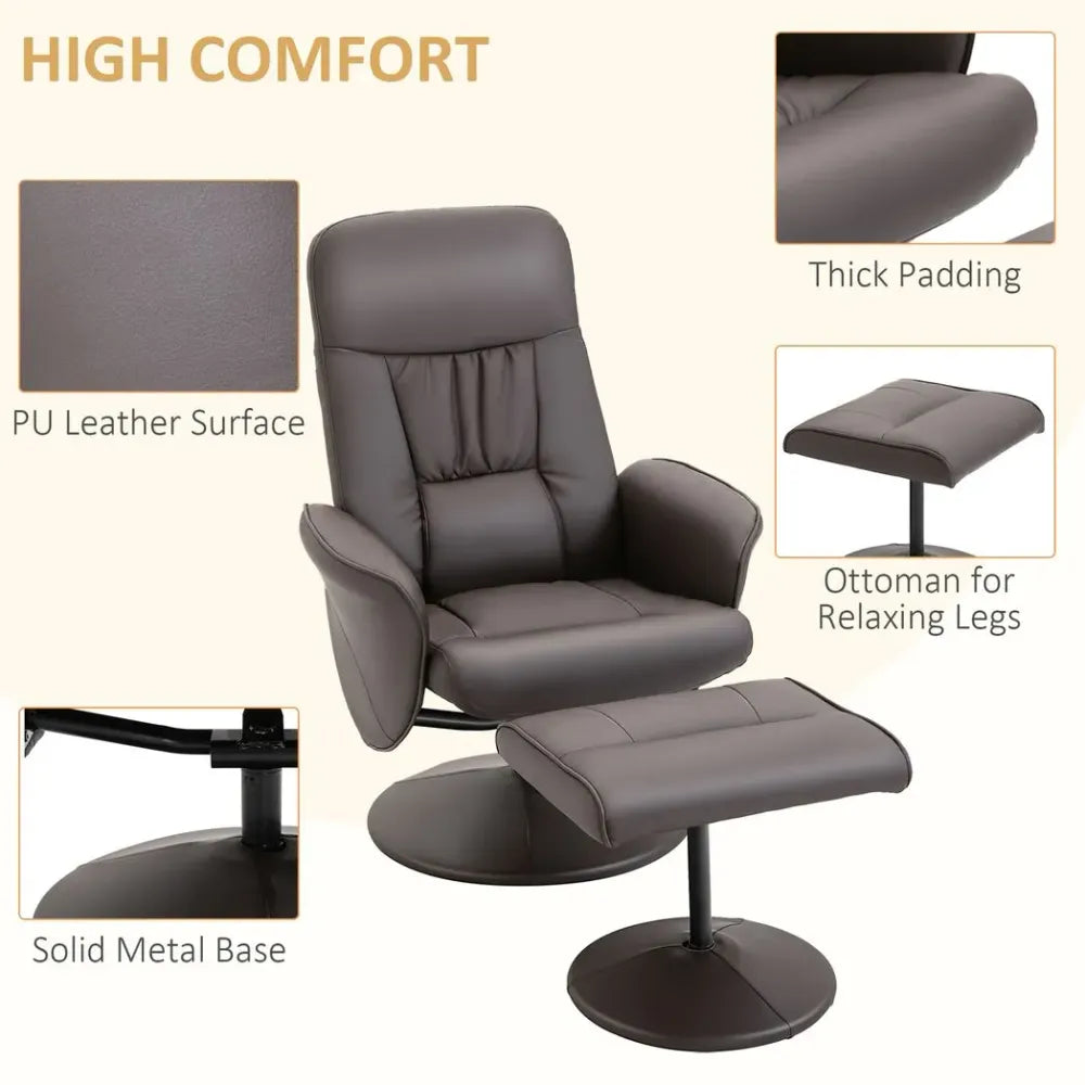 2-Piece Reclining Armchair & Ottoman Set – 360-Degree Swivel PU Leather – Brown