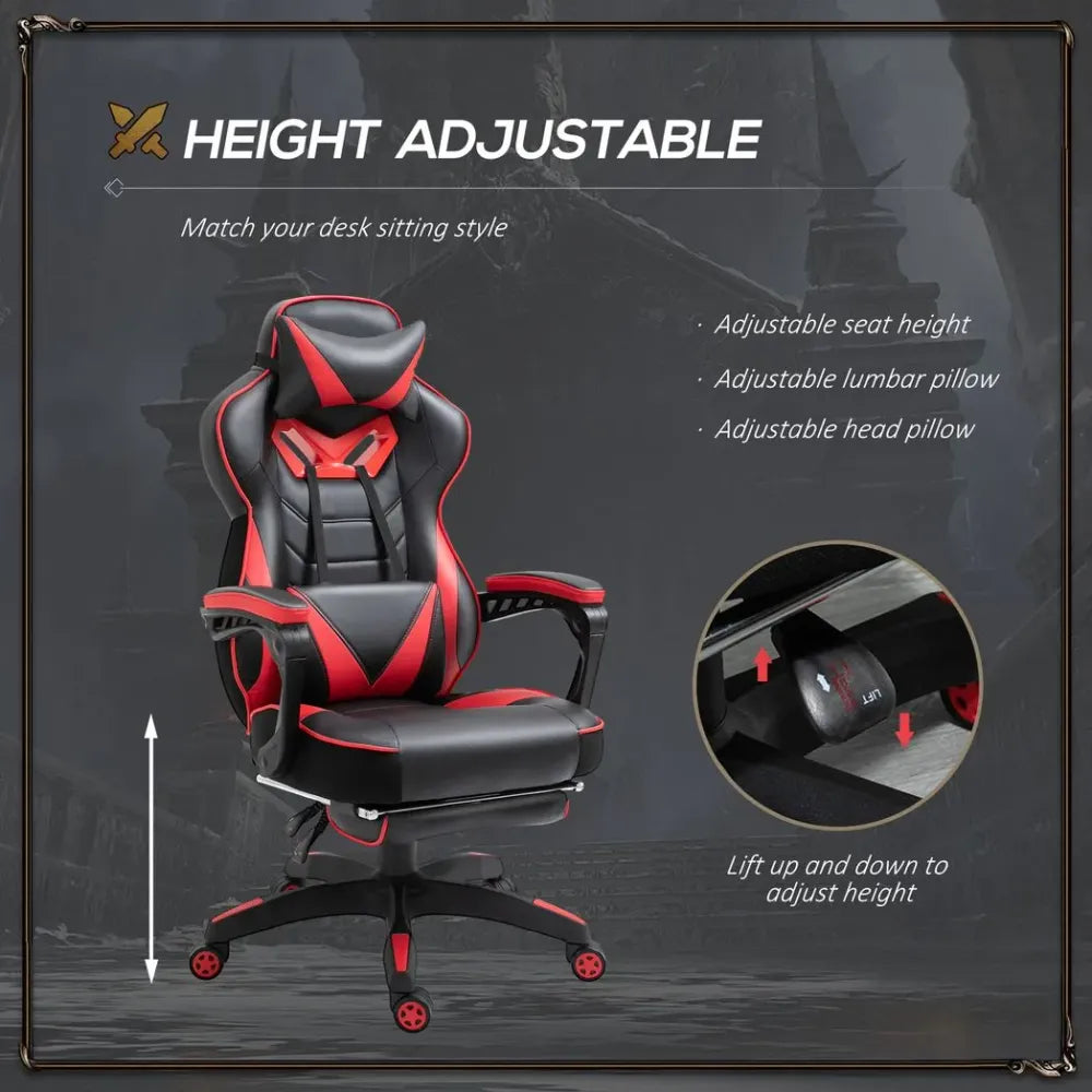 Stylish Red Ergonomic Gaming Chair with Manual Footrest and Wheels for Office