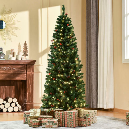 6ft Pre-Lit Artificial Pencil Christmas Tree with Warm White LEDs and Red Berries