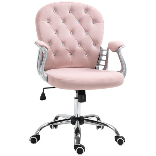 Pink Luxury Velour Office Chair with Diamond Tufted Ergonomics and 360° Swivel