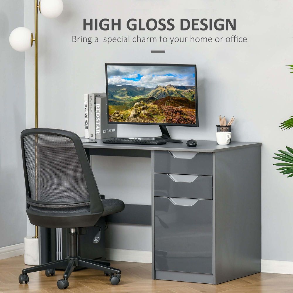 Grey Computer Desk with Drawers, Stylish Workstation for Home or Office Use