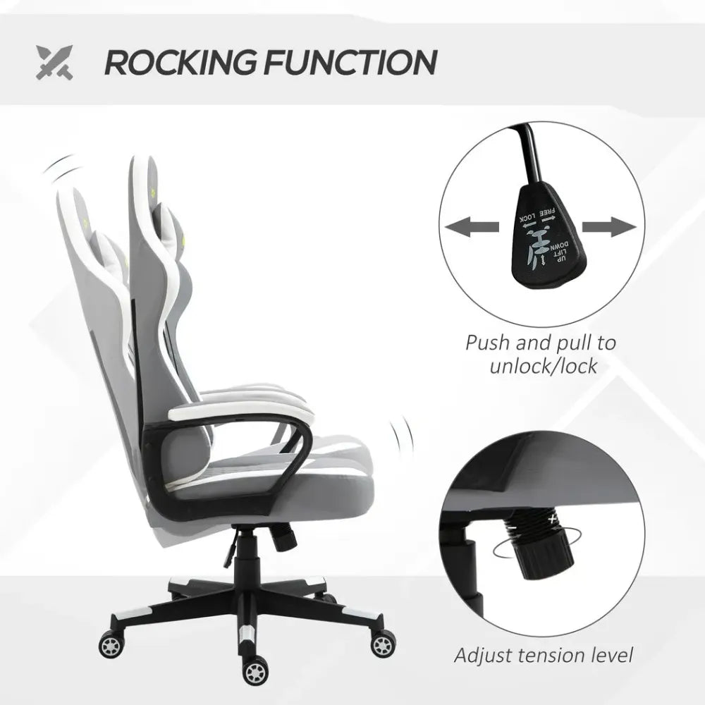 Grey and White Gaming Chair with Lumbar Support and Headrest for Extra Comfort