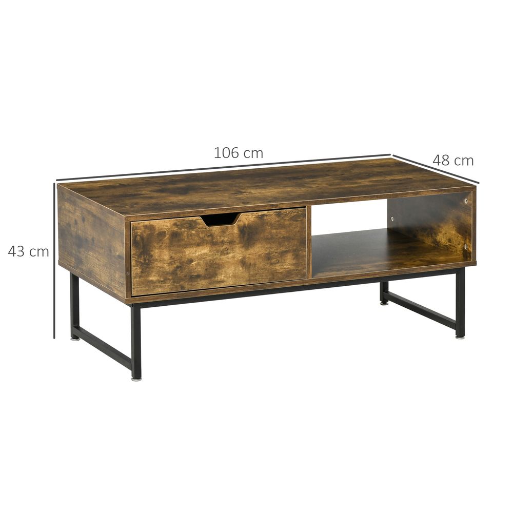 Coffee Table with Wood Finish and Metal Frame, Drawer and Shelf, Brown