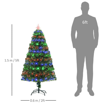 5FT Pre-Lit Artificial Christmas Tree with Multi-Coloured Fibre LED Lights in Green