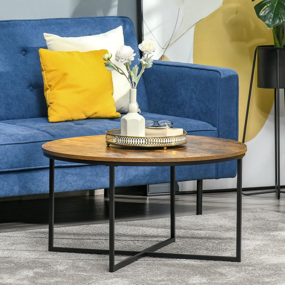 Rustic Brown Industrial Round Side Table with Metal Frame and Large Top