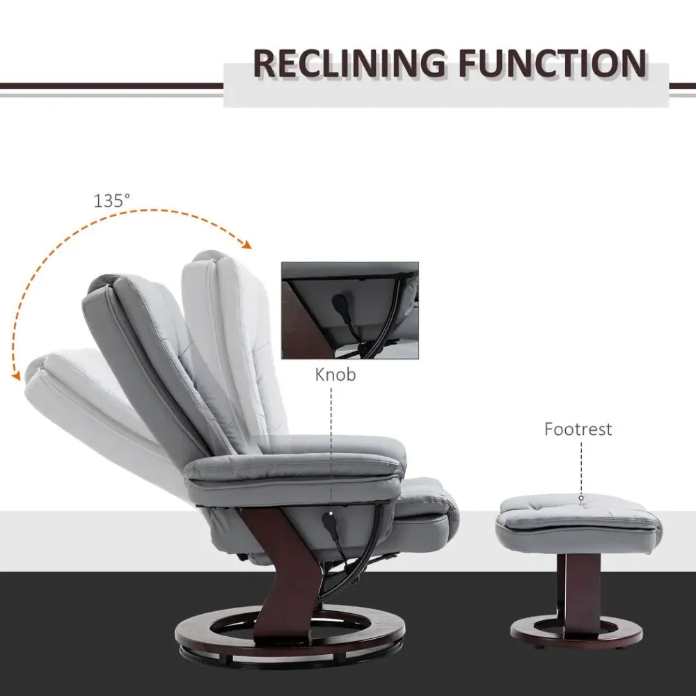Grey PU Lounge Chair Set with Manual Recliner and Footrest on Sturdy Wooden Base