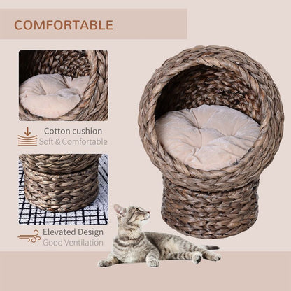 Brown Raised Wicker Cat House with Cylindrical Base, Dimensions 42x33x52cm