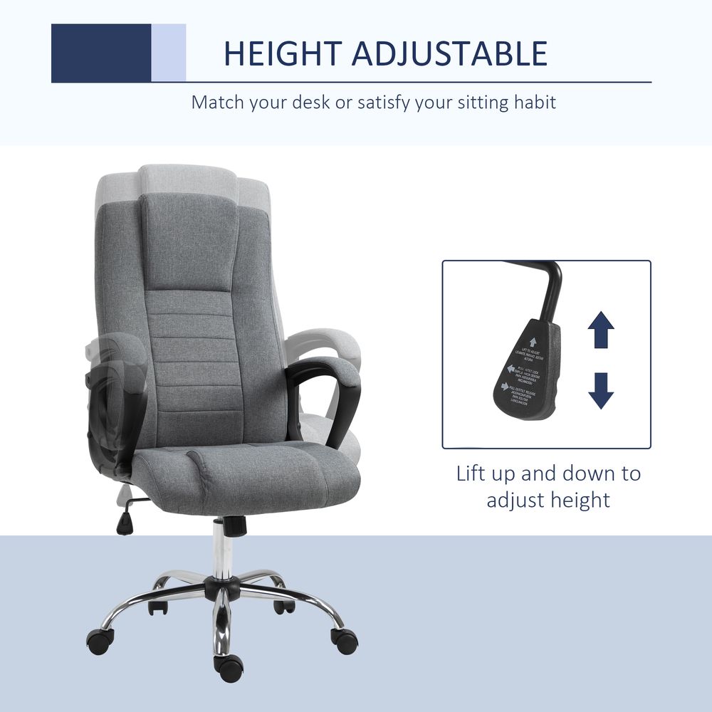 Grey Linen Office Chair with 360° Swivel, High Back and Wide Adjustable Seat