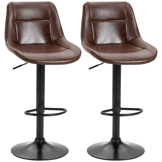 Set of 2 Brown PU Leather Kitchen Stools with 360-Degree Swivel Feature