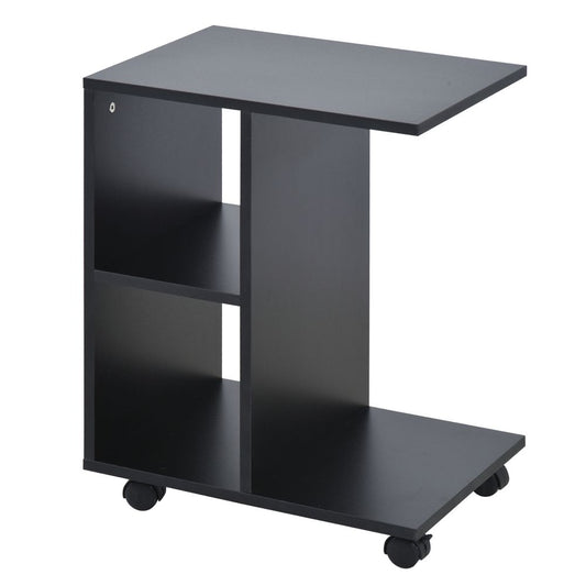 C-Shape End Table – Storage Unit with 2 Shelves and 4 Wheels – Black