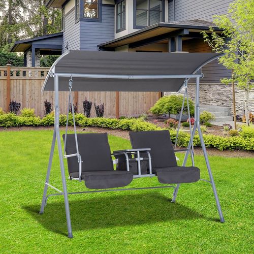 Grey Steel Frame 2-Seater Swing Chair with Canopy & Table for Ultimate Relaxation