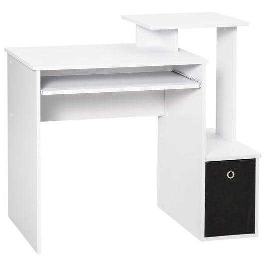 White Computer Desk with Sliding Keyboard Tray and Storage Drawer Shelf for Organised Workspaces