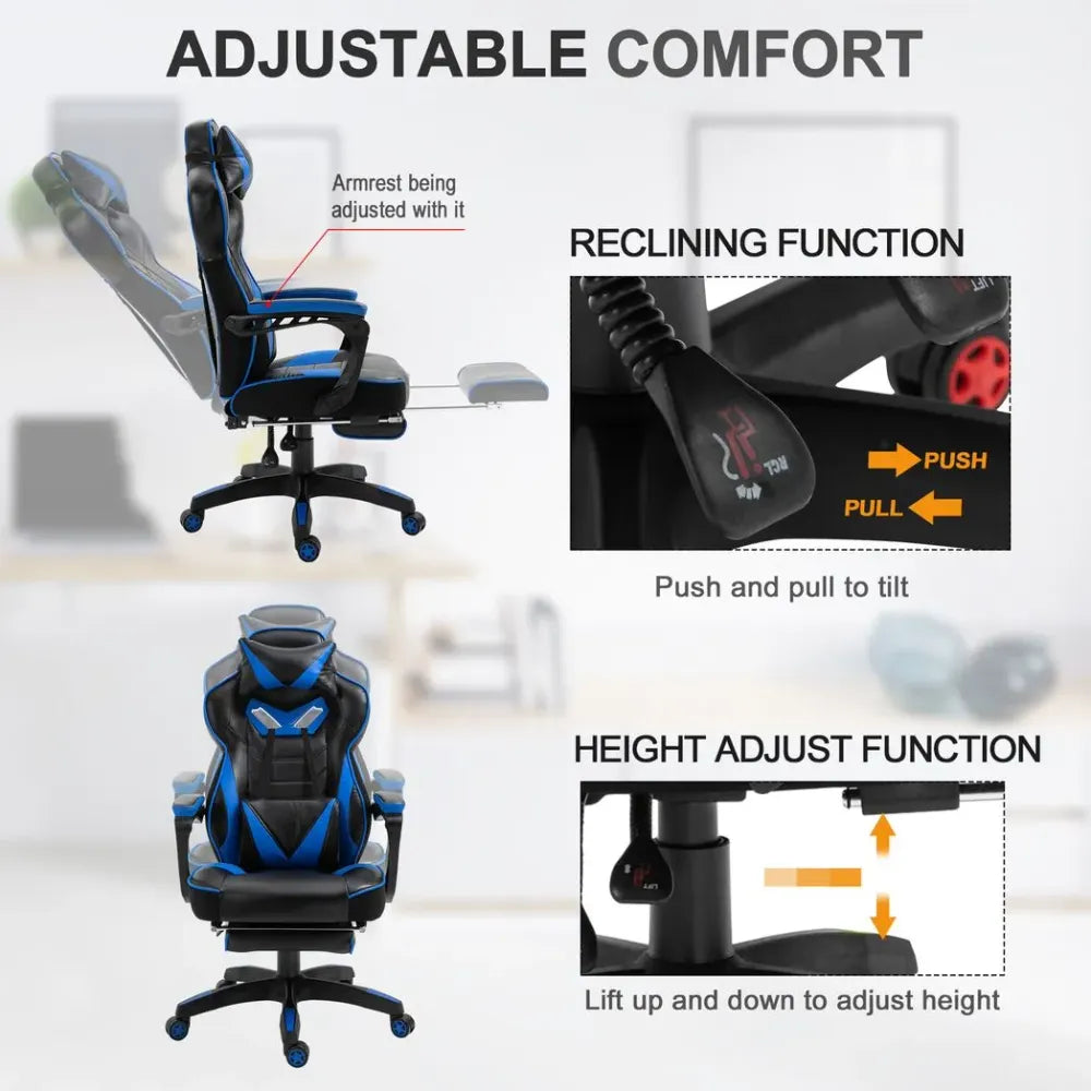 Ergonomic Blue Gaming Chair with Manual Footrest and Wheels for Stylish Offices