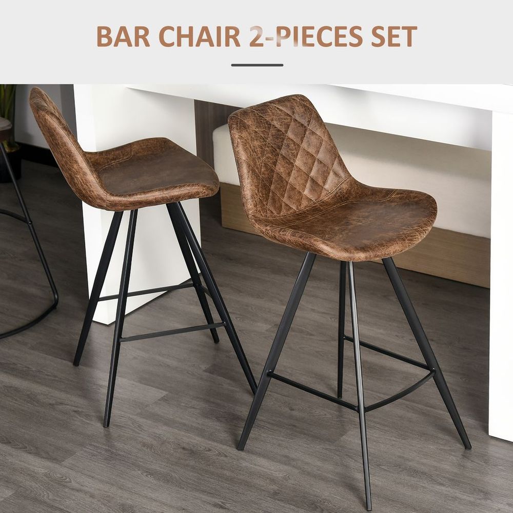 Set of 2 Brown Microfibre Bar Stools with Tub Seats and Padded Steel Frames